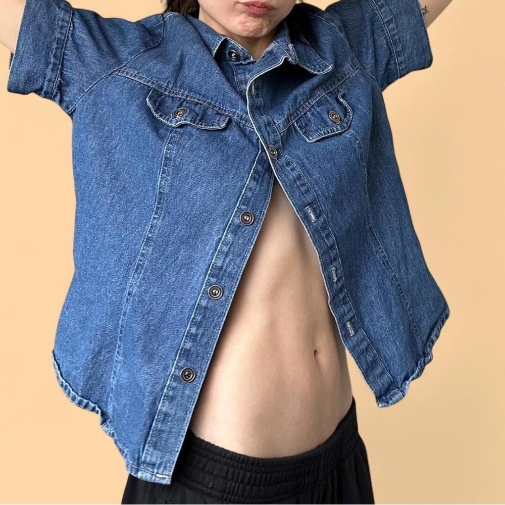 Classic Denim Short-Sleeve Button-Up Shirt - Blue